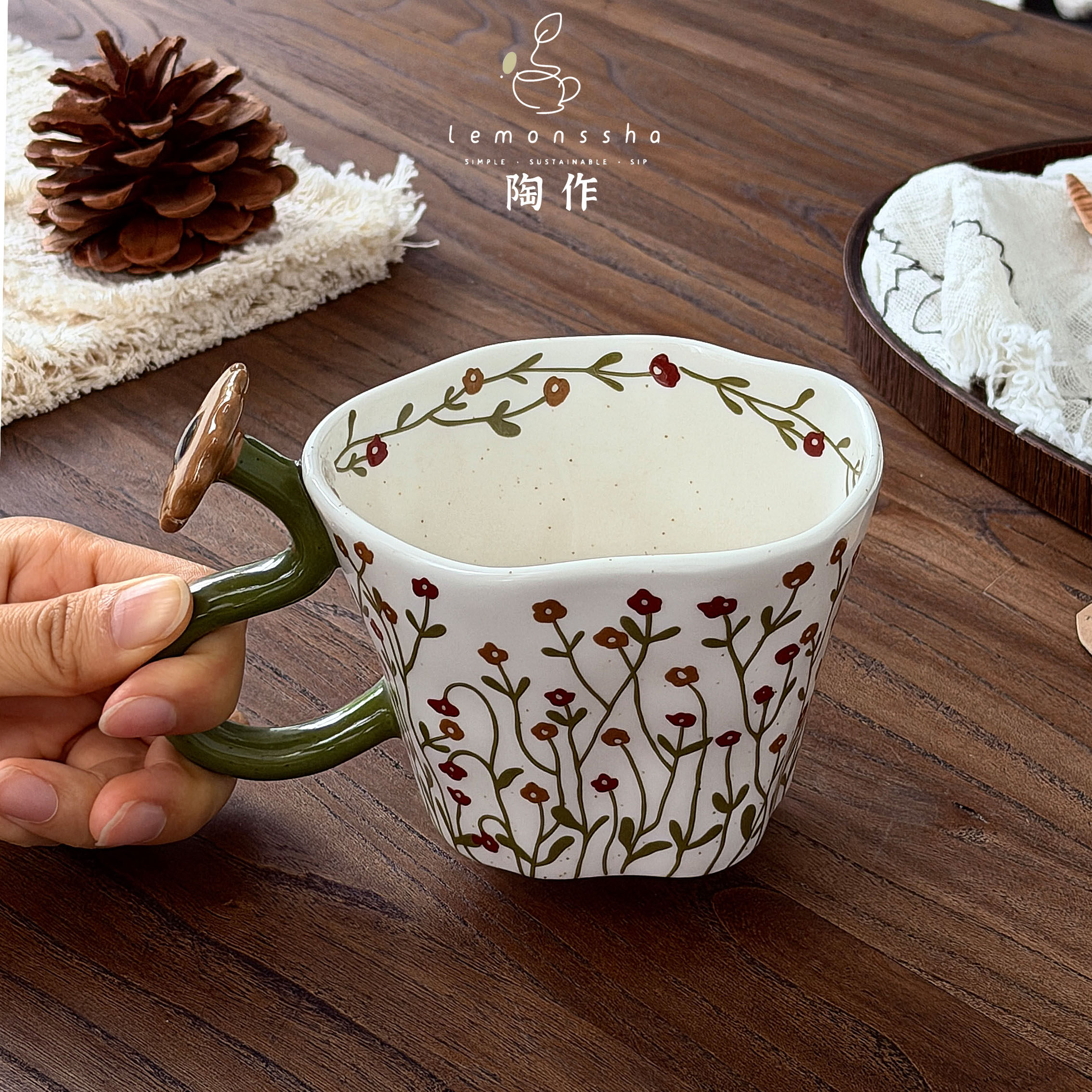 手作立体棕花枝马克杯