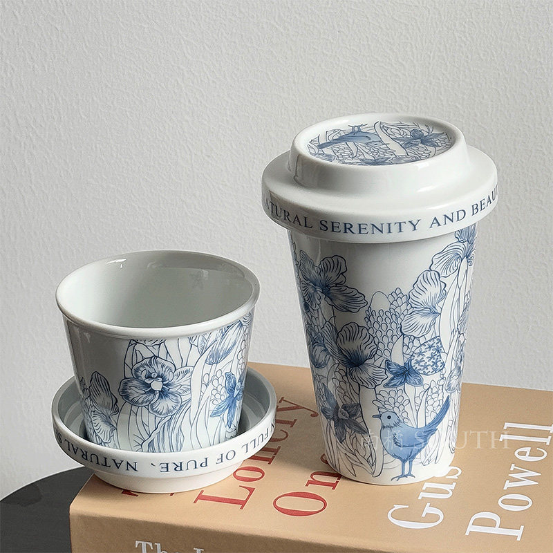 青花鸟手握盖杯咖啡杯