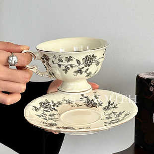 南橘South法式复古灰玫瑰咖啡杯碟中古风下午茶杯拿铁杯小众礼物