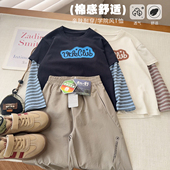 中大童棉T恤2026新款 子 男女童假两件打底休闲上衣 色织定制袖