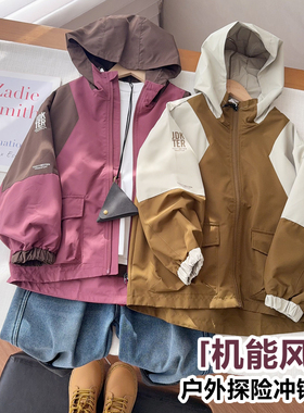 春季新款冲锋衣男女童拼色中长款外套防风服中大童风衣25872