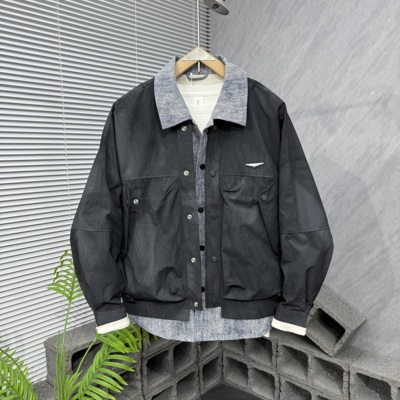 秋季新款拼接翻领假两件外套男潮牌宽松青年痞帅翻领夹克男款上衣