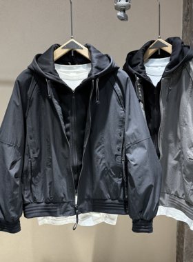 美式潮牌假两件连帽外套男秋季新款宽松工装休闲夹克男士外穿上衣
