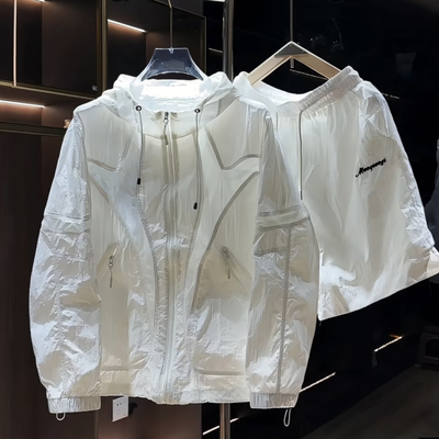 薄款休闲套装男夏季户外透气连帽防晒衣纯色运动速干短裤两件套潮