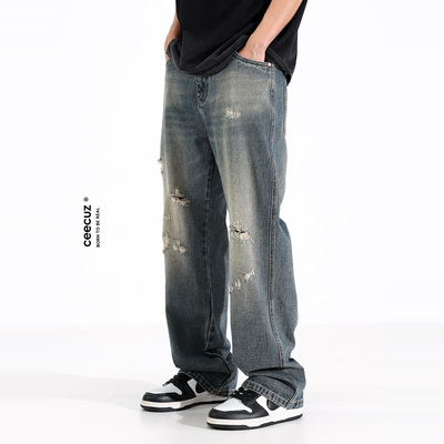 Ceecuz复古做旧破洞牛仔裤男夏季薄款宽松阔腿拖地个性直筒长裤子