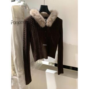 Hers2025十三行秋冬新款 毛衣女 复古简约收腰可拆卸毛毛领麻花短款