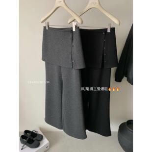 阔腿假两件加绒裤 冬加厚遮胯显瘦休闲微喇裤 子女 伊嘉屁帘裤 Y.JIA