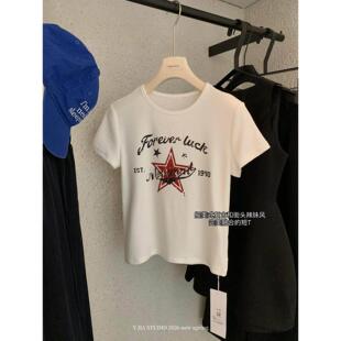 T恤女2026年夏设计感显瘦短款 复古五角星印花短袖 上衣 伊嘉 Y.JIA
