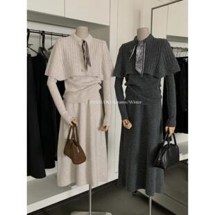 高腰半裙套装 Y.JIA 显瘦针织衫 十三行慵懒感叠穿斗蓬v领修身 伊嘉