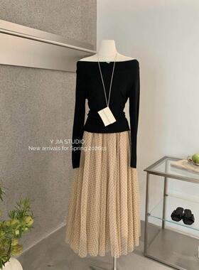 Y.JIA 伊嘉 法式欧根纱波点网纱半身裙+一字肩绑带针织衫套装女春
