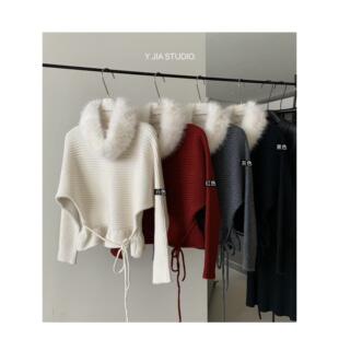 配毛毛领 Y.JIA 套头毛衣女 一字领荷叶边收腰系带针织衫 伊嘉