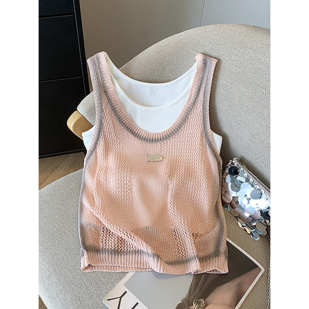 夏季镂空针织吊带背心女外穿薄款无袖t恤2024新款运动风撞色上衣