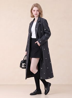韩版刺绣双排扣长款毛呢大衣女