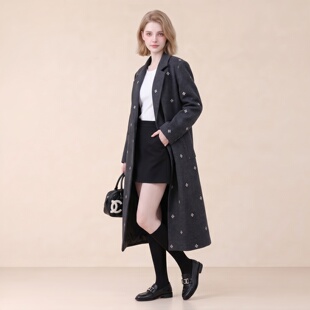 韩版精致刺绣双排扣长款毛呢外套女2026冬季新款时尚优雅宽松大衣