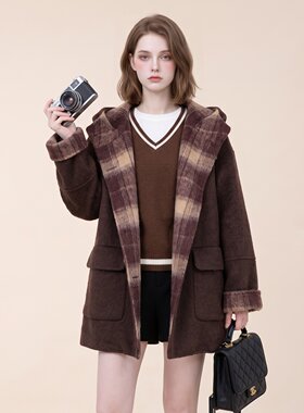 英伦风连帽毛呢外套女冬季