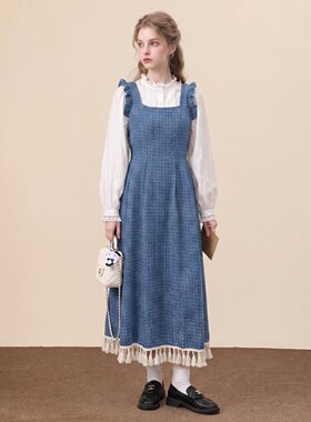 蓝色复古流苏背带裙衬衫两件套秋