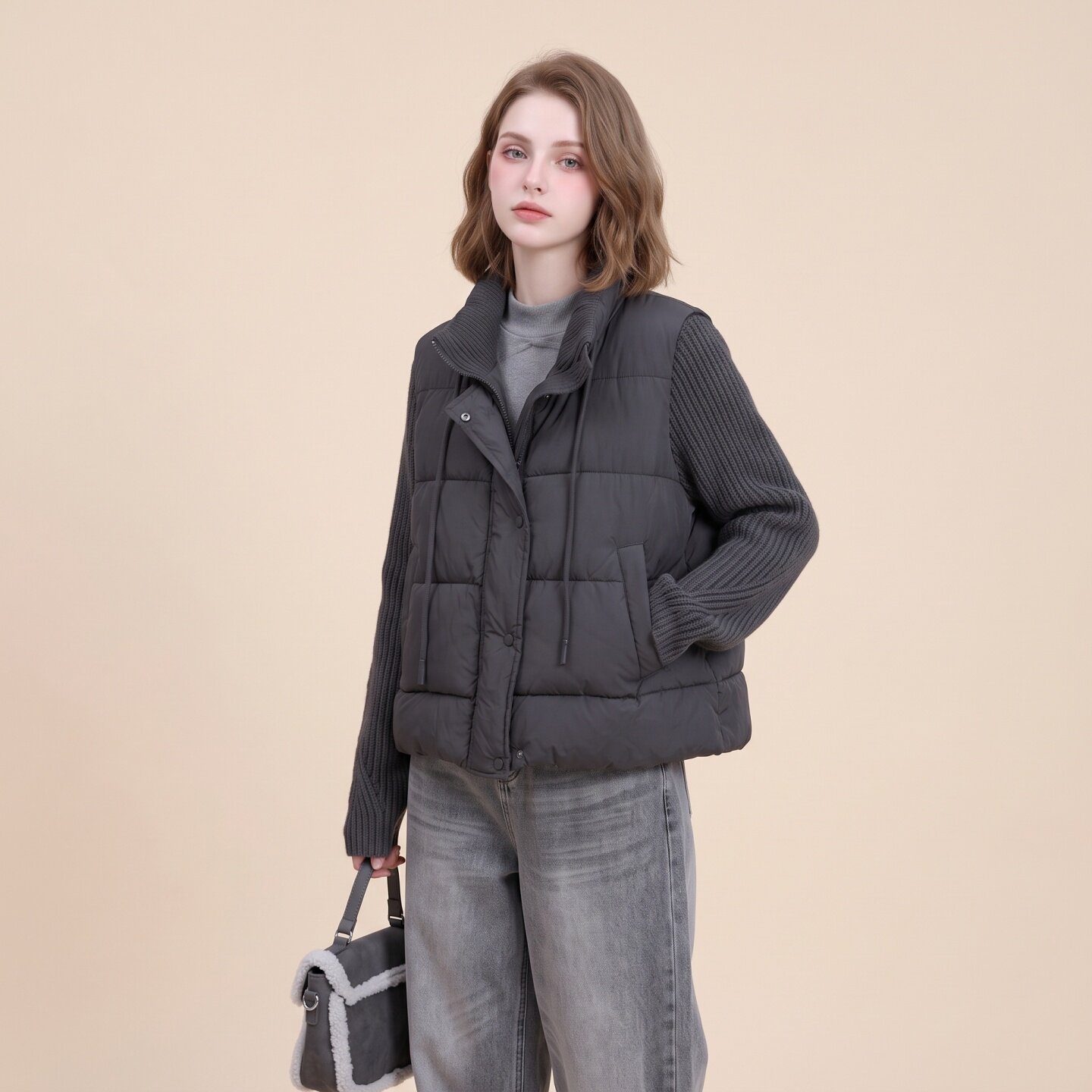 韩系针织拼接立领短款排骨羽绒服女2026冬季新款氛围感时尚外套