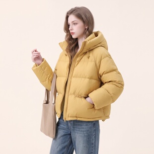 黄色短款连帽羽绒服女2026冬季新款蓬松面包服今年流行保暖外套