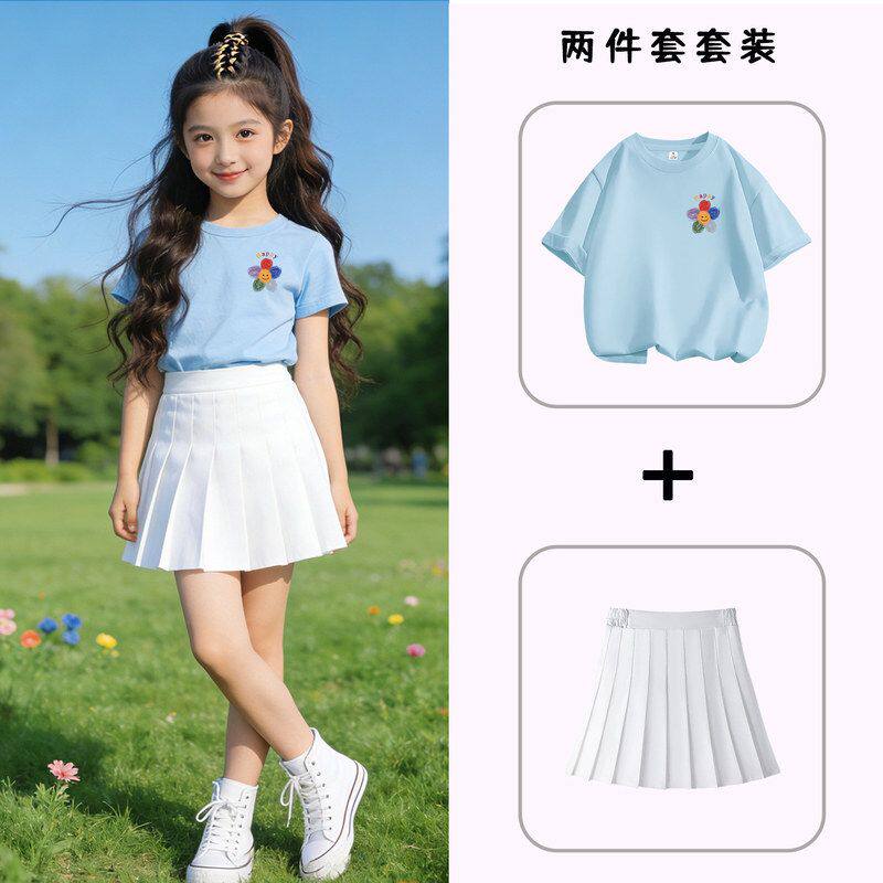 幼儿园夏季百褶裙裤两件套卡通印花百搭男女童纯棉短袖t恤套装潮