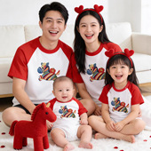 100%纯棉新年过年亲子装 婴儿连体衣母子母女马年过年t恤 撞色短袖
