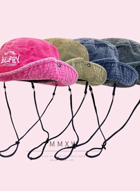 日系INS显脸小刺绣字母渔夫帽子男女春夏季遮阳防晒水洗复古盆帽