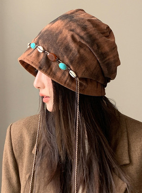 复古串珠流苏波西米亚包头帽子女春秋透气百搭显脸小民族风堆堆帽