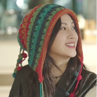 濾鏡林媛黃思瑞同款 彩色針織帽民族風(fēng)可愛護(hù)耳流蘇辮子包頭毛線帽