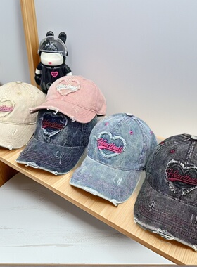 韩版爱心水洗牛仔棒球帽女复古破洞做旧鸭舌帽大头围显脸小帽子