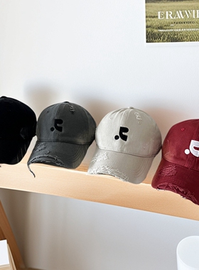 美式复古做旧字母破洞棒球帽女新款春夏季遮阳百搭刺绣鸭舌帽子