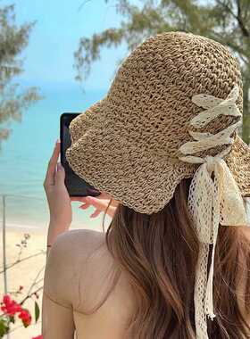 夏季手工编织草帽子女度假日系小清新遮阳帽蕾丝蝴蝶结镂空凉帽