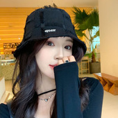 法国日系复古黑色水桶帽女毛边格纹渔夫帽子秋季 遮脸显脸小盆帽