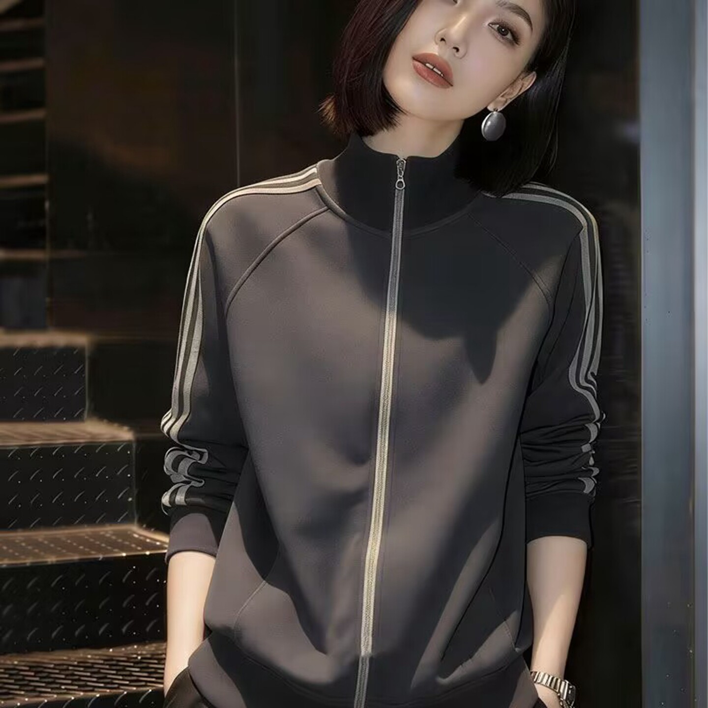 春秋短款立领拉链撞色条纹外套女