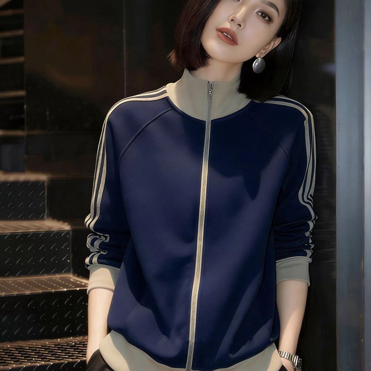 高级感立领拉链藏蓝色外套女撞色条纹运动风短外套百搭减龄上衣
