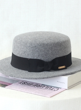 轻奢家-灰色平顶新款原创进口羊毛礼帽经典大气男女欧美平沿保暖