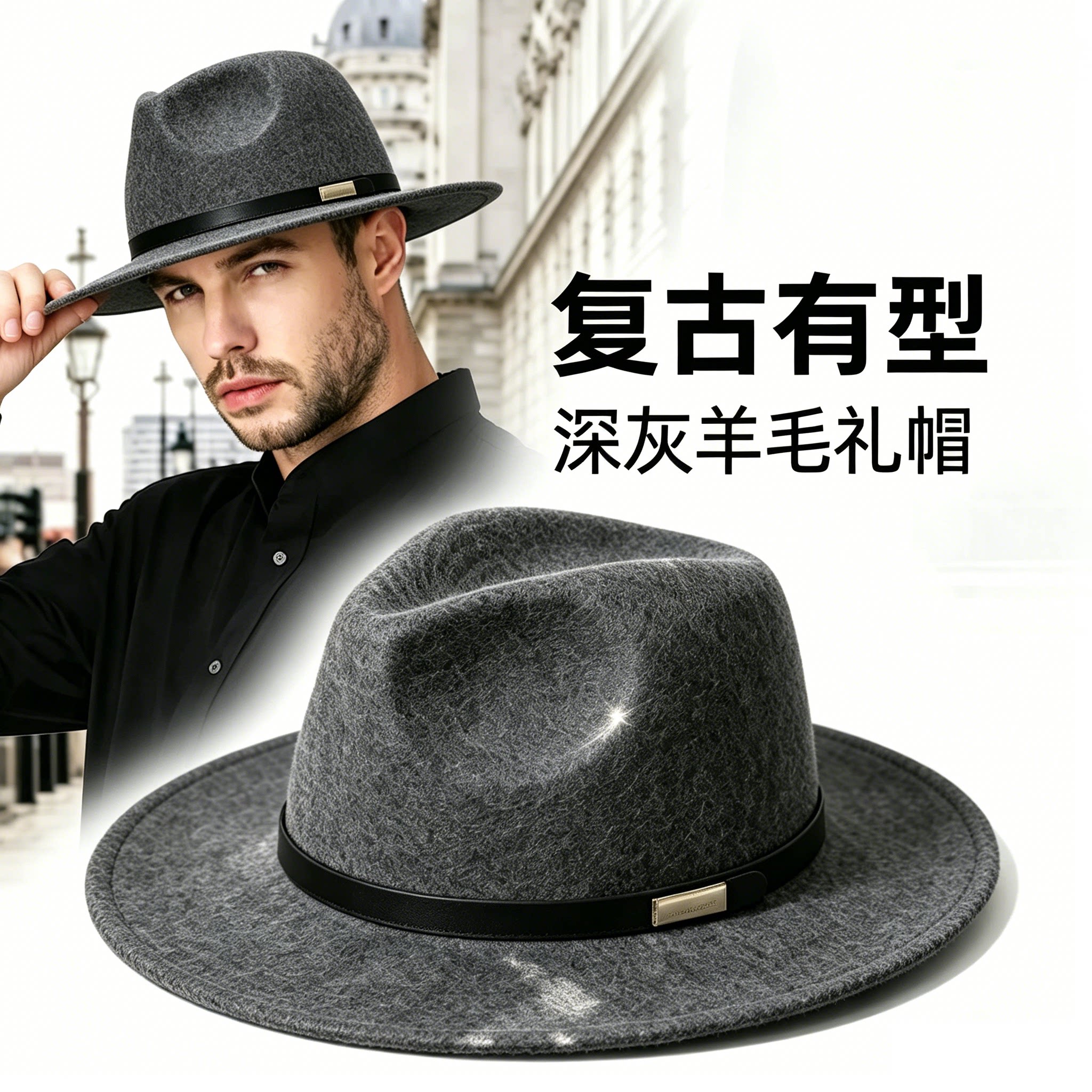 秋冬帽子法式礼帽男女复古百搭平檐巴拿马羊毛毡帽爵士宽沿简约