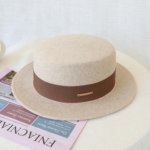 新款法式秋冬平顶羊毛呢礼帽子女平沿小沿英伦大头围百搭驼色黑色