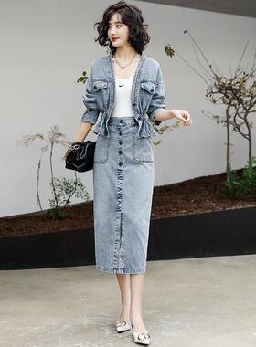 牛仔连衣裙套装女2025春秋新款洋气时尚收腰短外套半身长裙