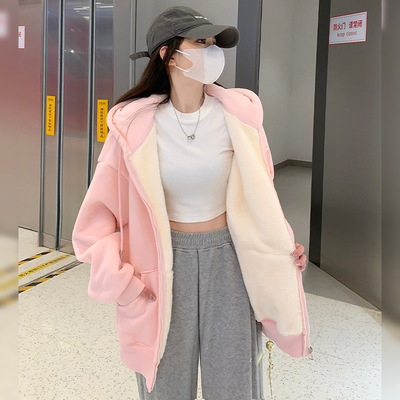 羊羔毛外套女秋冬季2025新款小个子摇粒绒连帽加绒加厚卫衣上衣
