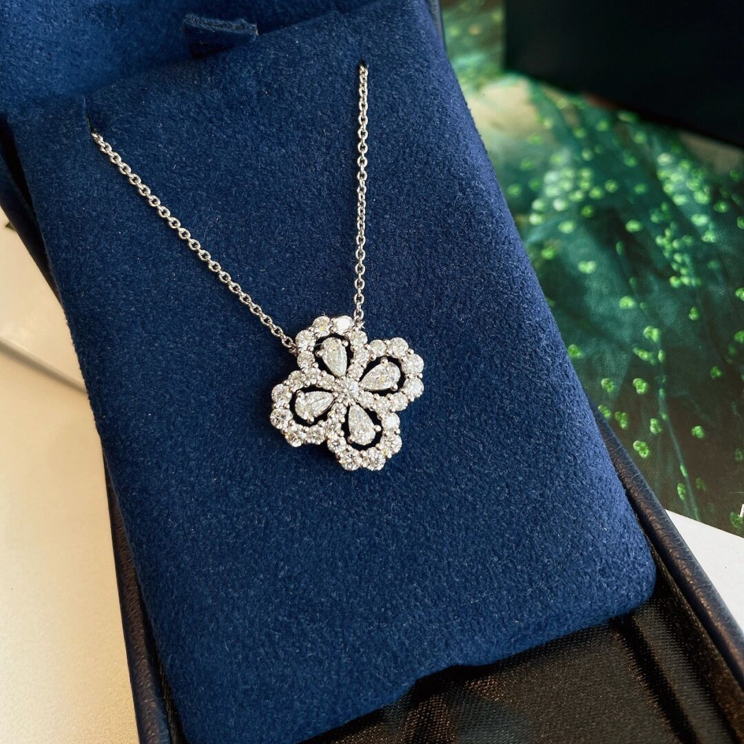 珠宝定制hw loop四叶草项链18k铂金真钻海瑞海蓝宝水滴满钻石吊坠