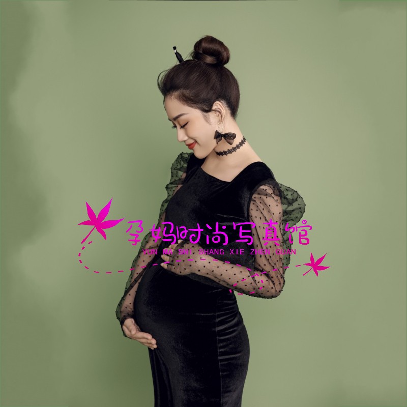 影楼新款孕妇照黑色泡泡袖礼服时尚大肚妈咪照艺术照写真摄影服装