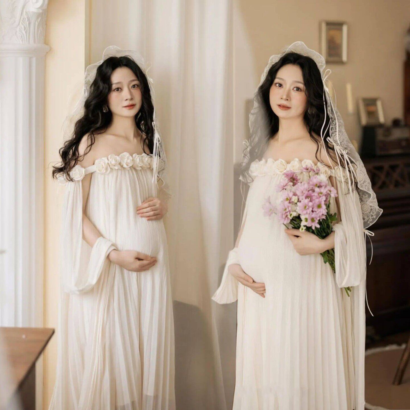 影楼孕妇主题新款法系花朵白色连衣裙高端气质孕妇艺术照摄影服装