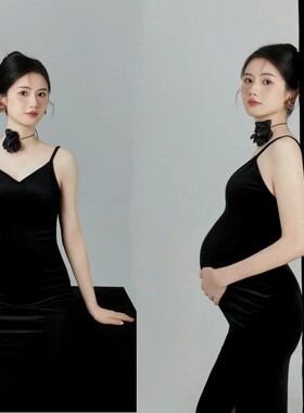 新款影楼孕妇拍照服装黑色修身丝绒吊带连衣裙唯美妈咪艺术照写真