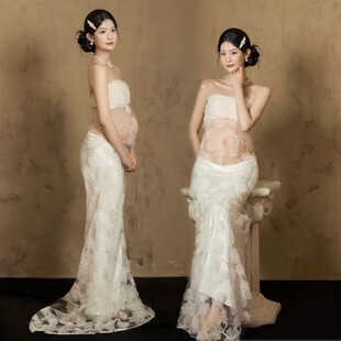 影楼新款 高级感绣花蕾丝抹胸孕妈艺术摄影连衣裙 孕妇拍照主题服装