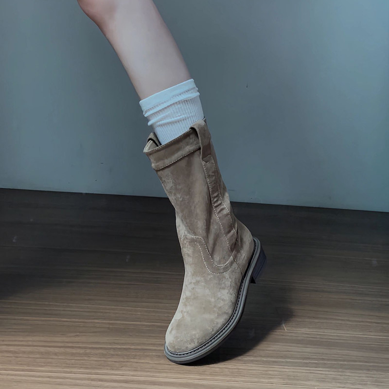 다양하고 슬리밍  레트로 웨스턴 부츠 2024 카키 스웨이드 라운드 발가락 스커트 서양식 작은 짧은 부츠 굴뚝 부츠