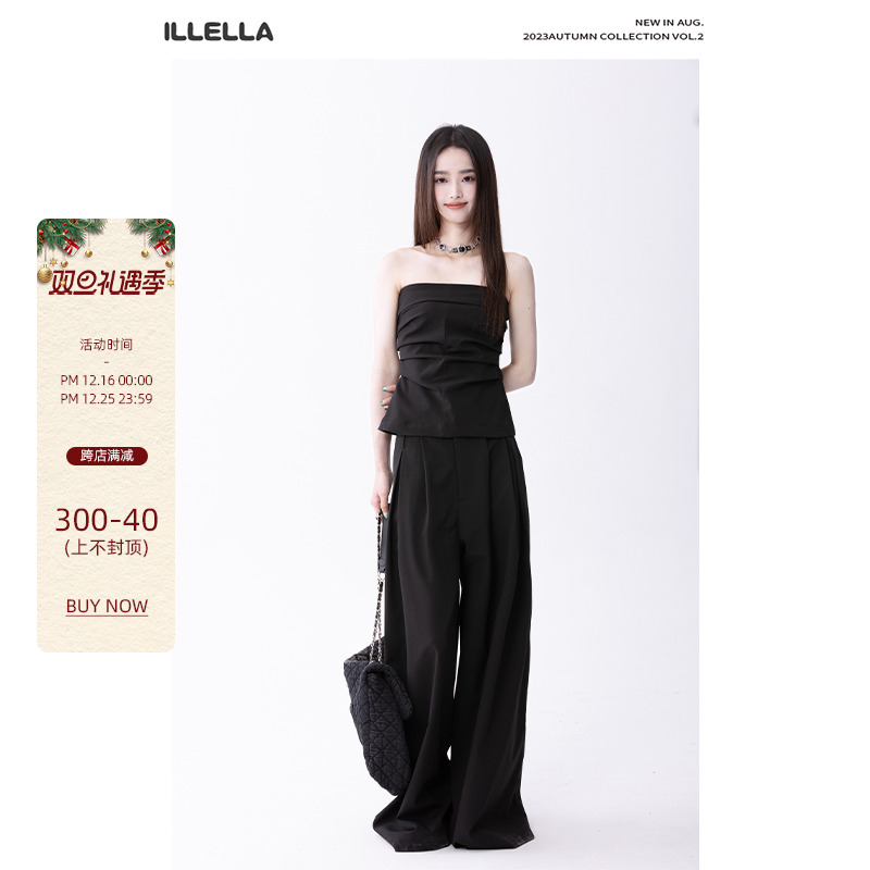 ILLELLA 黑色三件套女春夏抹胸休闲阔腿高腰花苞半身短裙时尚套装