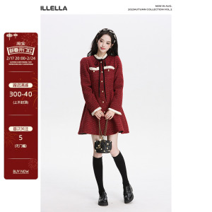 ILLELLA 单排扣红色小香风外套春秋新款宽松舒适时尚长袖连衣短裙