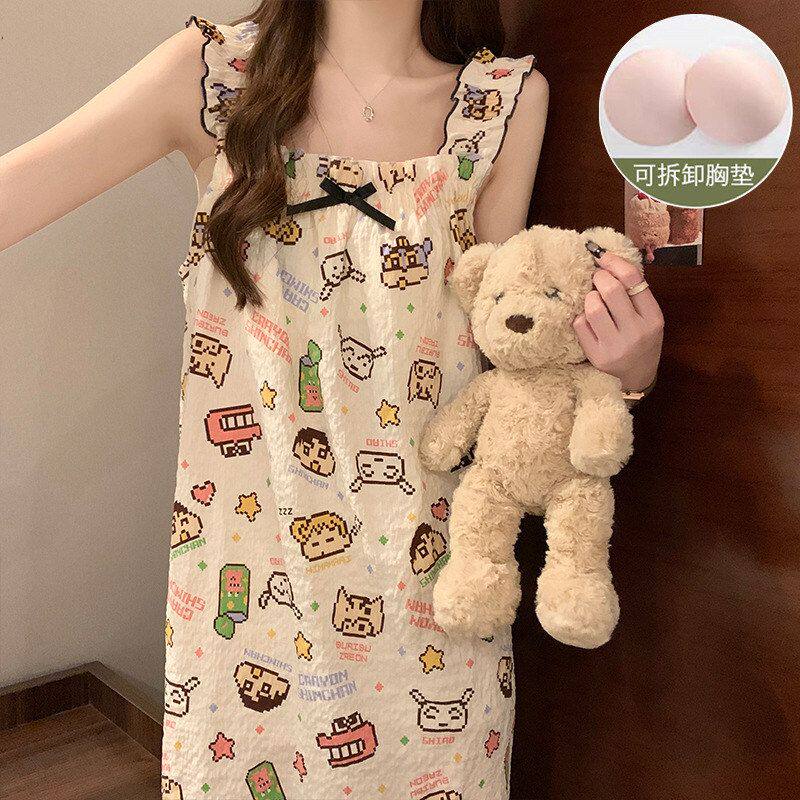 带胸垫睡裙女夏季薄款无袖日系可爱甜美少女吊带中长连体裙家居服