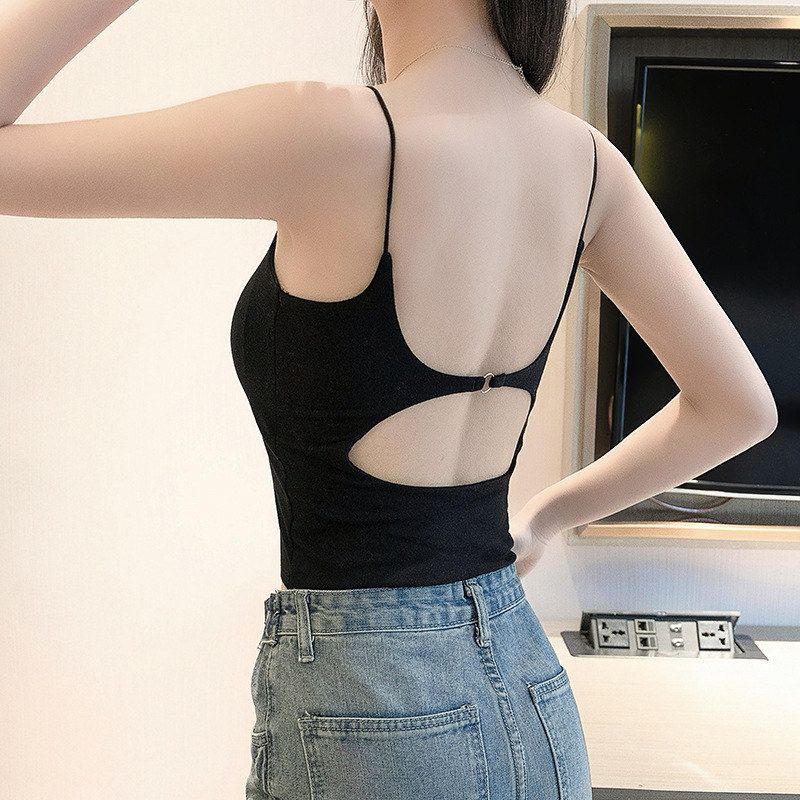 后背镂空小吊带背心女带胸垫外穿夏性感美背文胸一体打底露背上衣
