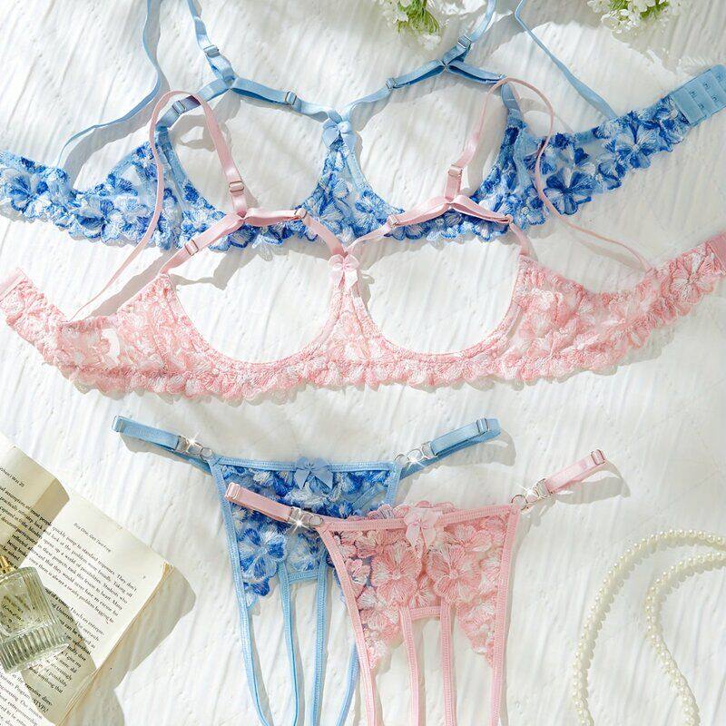 日系碎花粉蓝组合装纯欲风四件套高品质花卉刺绣女士文胸内衣套装