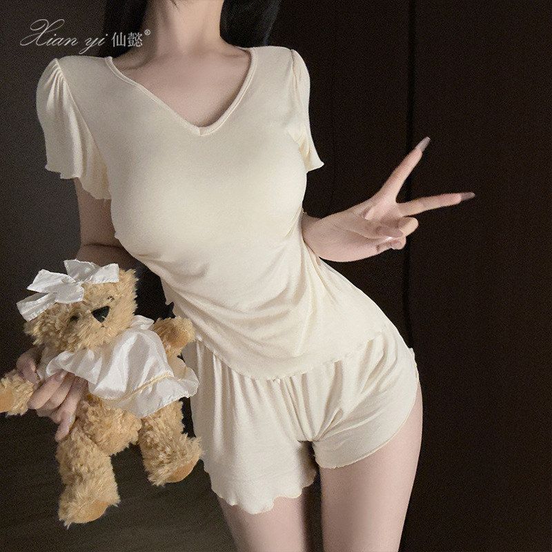 仙开衫懿带胸垫睡衣女夏季莫代尔短袖套装感休闲家居服可外穿750